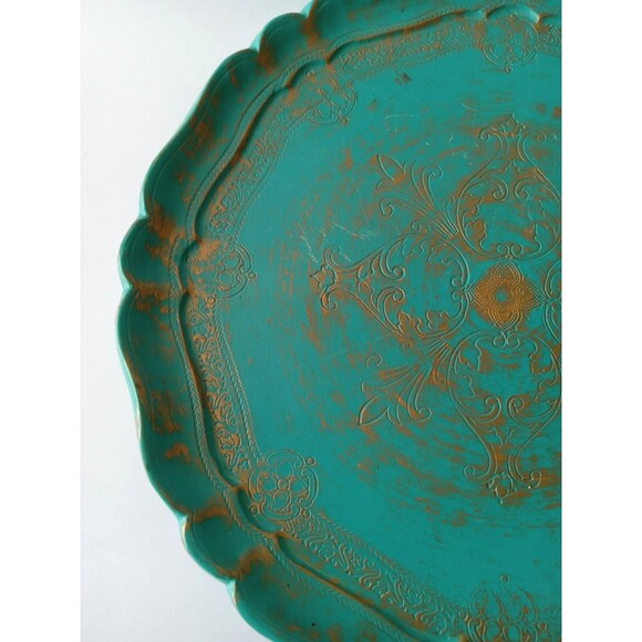 VTG Galway Inc. Etched Wood 13.5" Turquiose & Gold Decorative Plate Tray - Picture 6 of 16